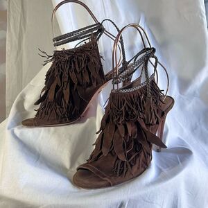 Aquazurra chocolate suede fringe heeled sandals, size 39/9